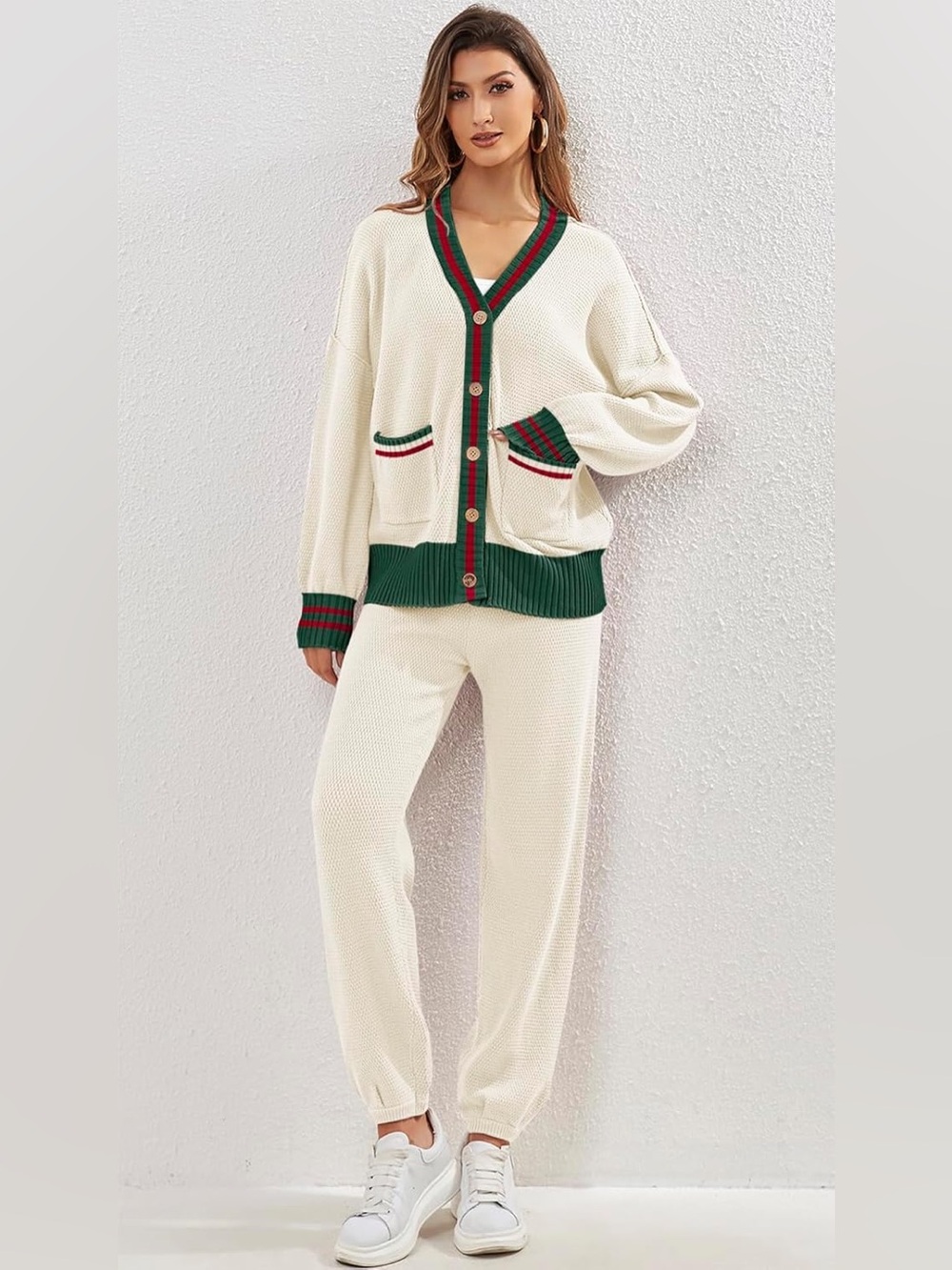 2 Piece Outfit Lounge Set Knit Cardigan Sweater Pants